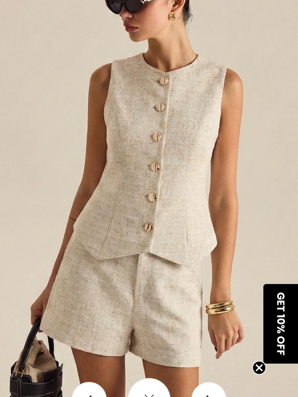 Commence Sleeveless Tweed Button-Front Top and Shorts Set - Neutral Beige